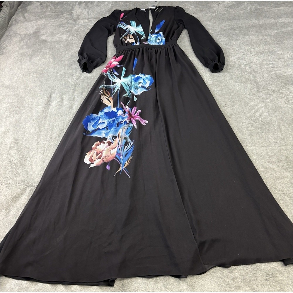 Bebe Gown With Shorts Size 2 Black Floral Print Double Slit Long Sleeve Cocktail